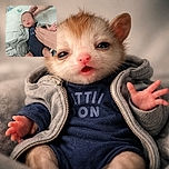 A tiny newborn baby is swaddled in a gray hoodie and navy outfit, lying on a hospital bed with gentle adult hands tenderly adjusting the baby's head and clothing. The background shows a white blanket with colorful duck prints, evoking a warm and caring atmosphere.