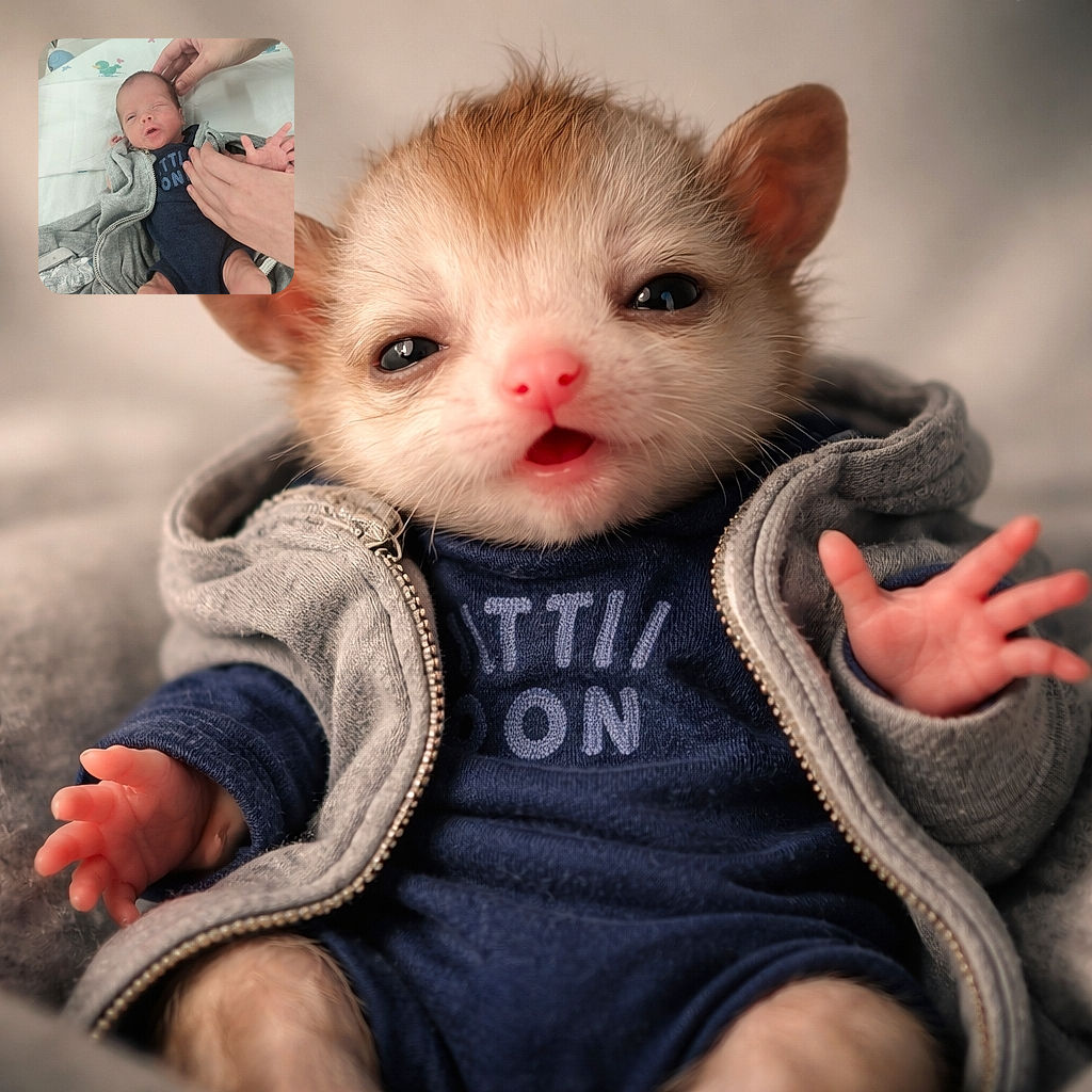 A tiny newborn baby is swaddled in a gray hoodie and navy outfit, lying on a hospital bed with gentle adult hands tenderly adjusting the baby's head and clothing. The background shows a white blanket with colorful duck prints, evoking a warm and caring atmosphere.