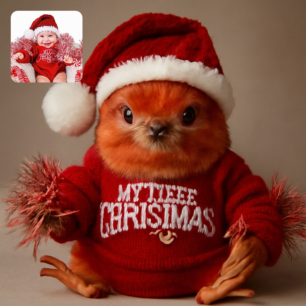 A joyful baby dressed in a festive red Christmas sweater and Santa hat beams with a wide smile, surrounded by red and white tinsel and candy cane decorations, creating a cozy holiday vibe.