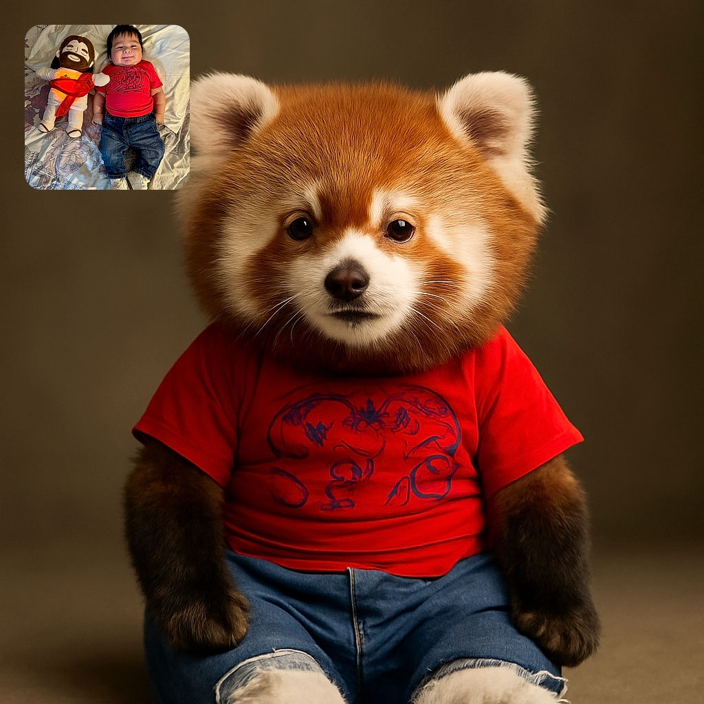 A happy baby in a red dinosaur t-shirt and blue jeans lies on a floral patterned bed next to a plush doll wearing a white robe and red sash. The baby is smiling with a cute chubby face, and the cozy setting gives a warm, homely vibe.