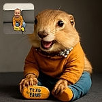 A joyful baby sitting on a gray couch, wearing a mustard yellow shirt and blue jeans, proudly showing off bright yellow socks that say 'HAPPY BABY', with a big toothless grin that could melt anyone's heart.
