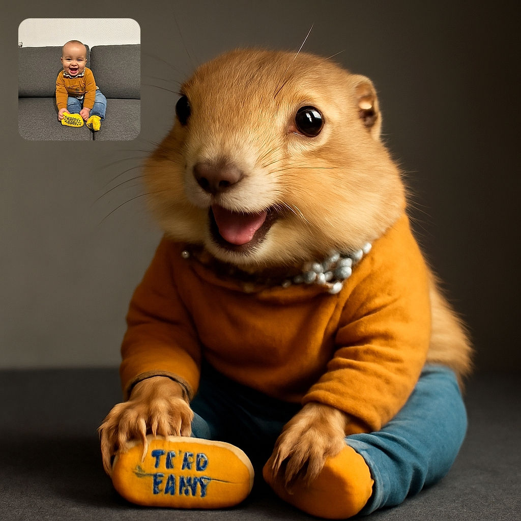A joyful baby sitting on a gray couch, wearing a mustard yellow shirt and blue jeans, proudly showing off bright yellow socks that say 'HAPPY BABY', with a big toothless grin that could melt anyone's heart.