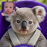A wide-eyed baby sits in a purple swing, looking at the camera with the serious concentration of a tiny executive reviewing an extremely important snack proposal. Gray safety straps and the colorful swing frame complete the close-up portrait.
