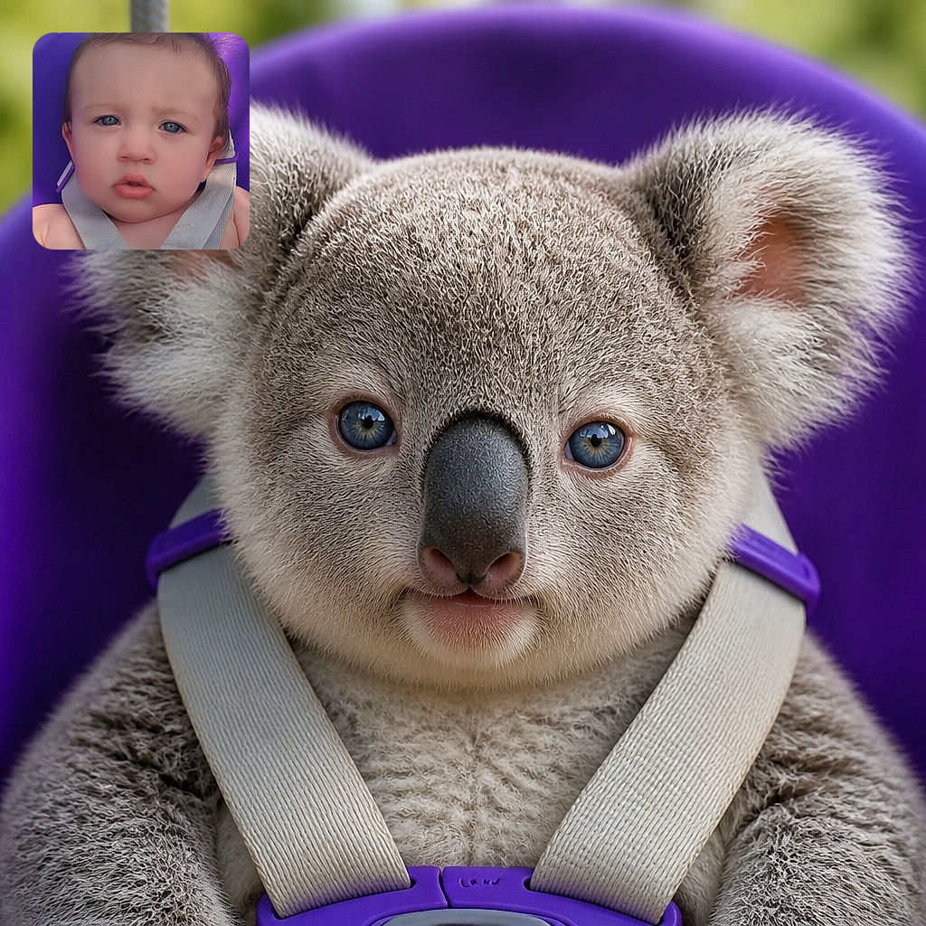 A wide-eyed baby sits in a purple swing, looking at the camera with the serious concentration of a tiny executive reviewing an extremely important snack proposal. Gray safety straps and the colorful swing frame complete the close-up portrait.