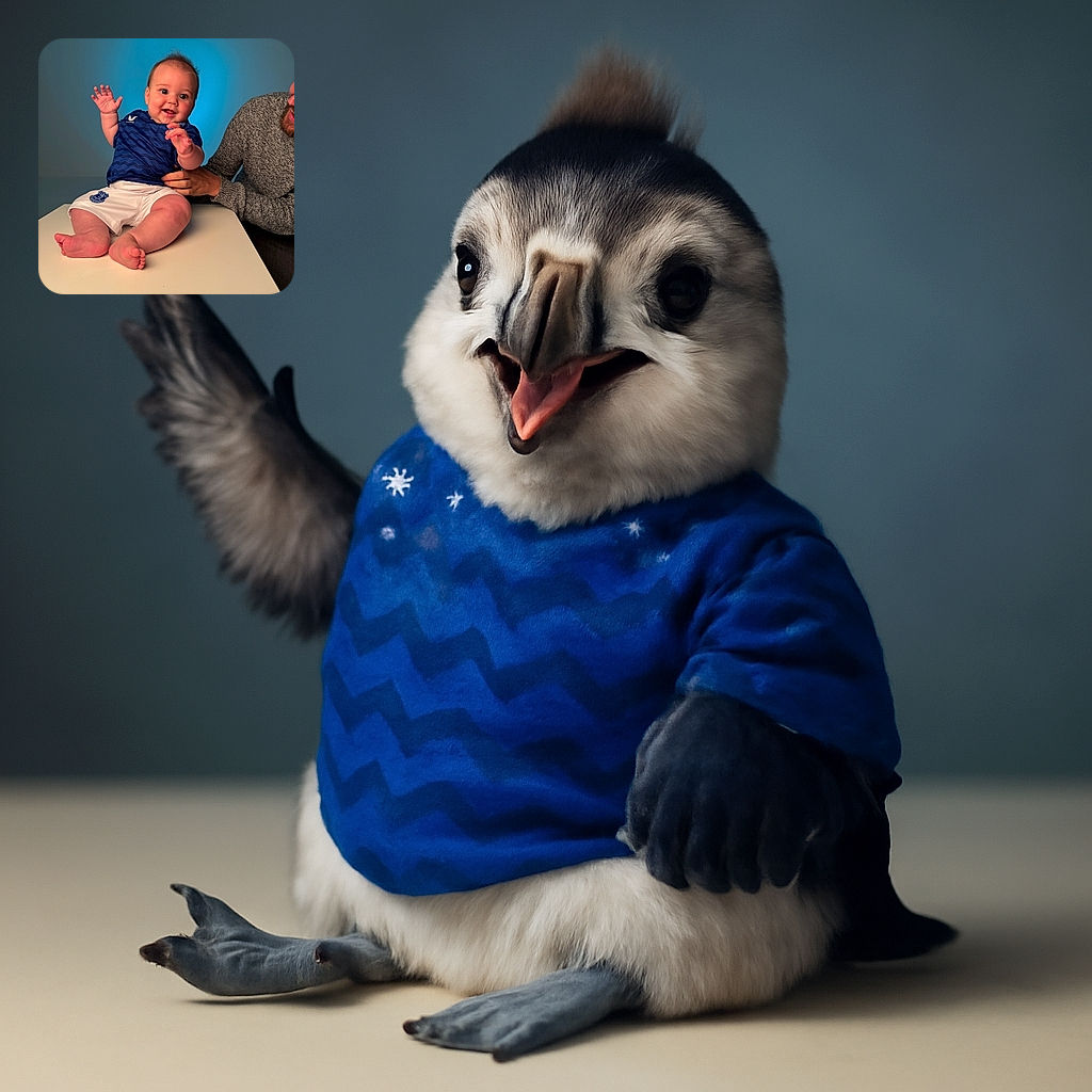 A cheerful baby with big bright eyes and a tiny mohawk is sitting on a table waving happily, wearing a blue sports jersey and white shorts, while an adult gently supports them from the side, all set against a smooth blue gradient background.