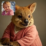 A cheeky toddler with a mischievous grin is captured mid-play, sporting a cozy pink cardigan. The background is a cozy living room with floral wallpaper and shelves filled with knick-knacks, adding a warm and homely vibe.