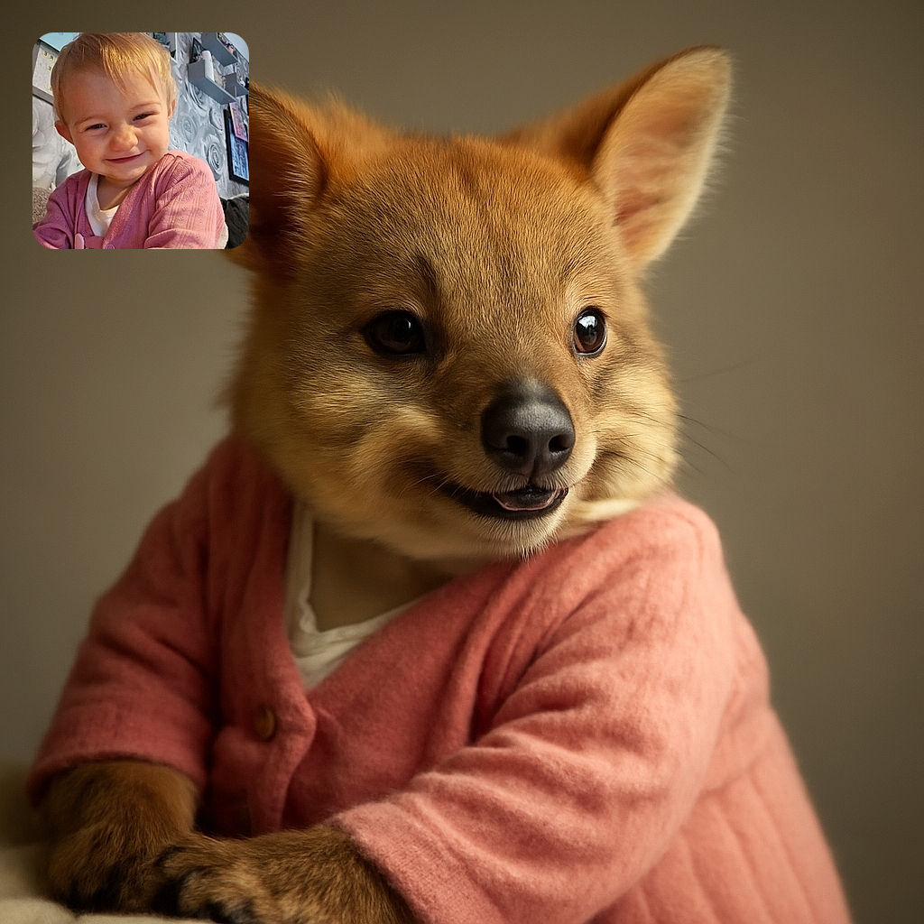 A cheeky toddler with a mischievous grin is captured mid-play, sporting a cozy pink cardigan. The background is a cozy living room with floral wallpaper and shelves filled with knick-knacks, adding a warm and homely vibe.