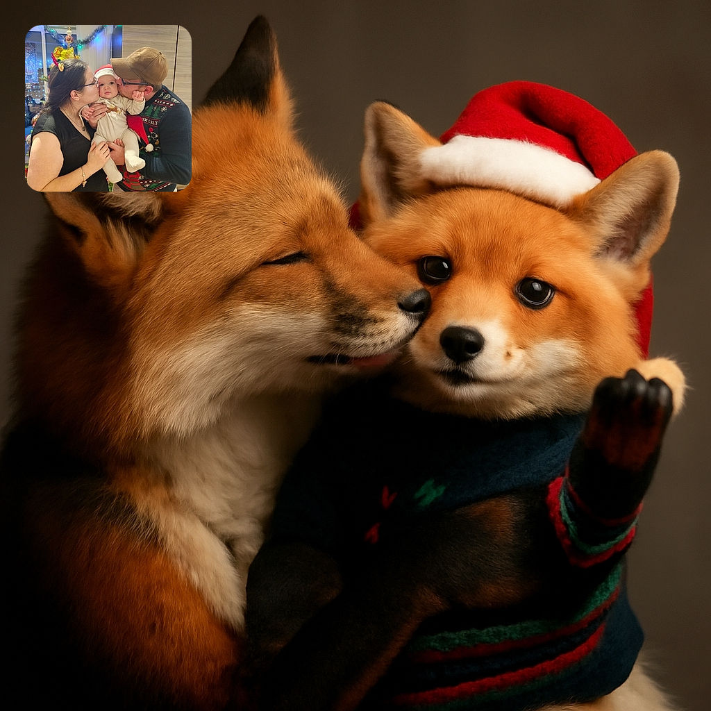 A cozy holiday moment where two adults lovingly kiss a baby dressed in a cute reindeer-themed outfit and Santa hat, surrounded by festive decorations and warm indoor lighting.