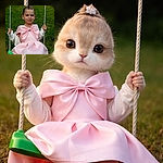 A charming young child in a fancy pink dress with a big bow is sitting gracefully on a green swing in a grassy backyard, holding the ropes with a confident smile, as if ready for a royal outdoor adventure.