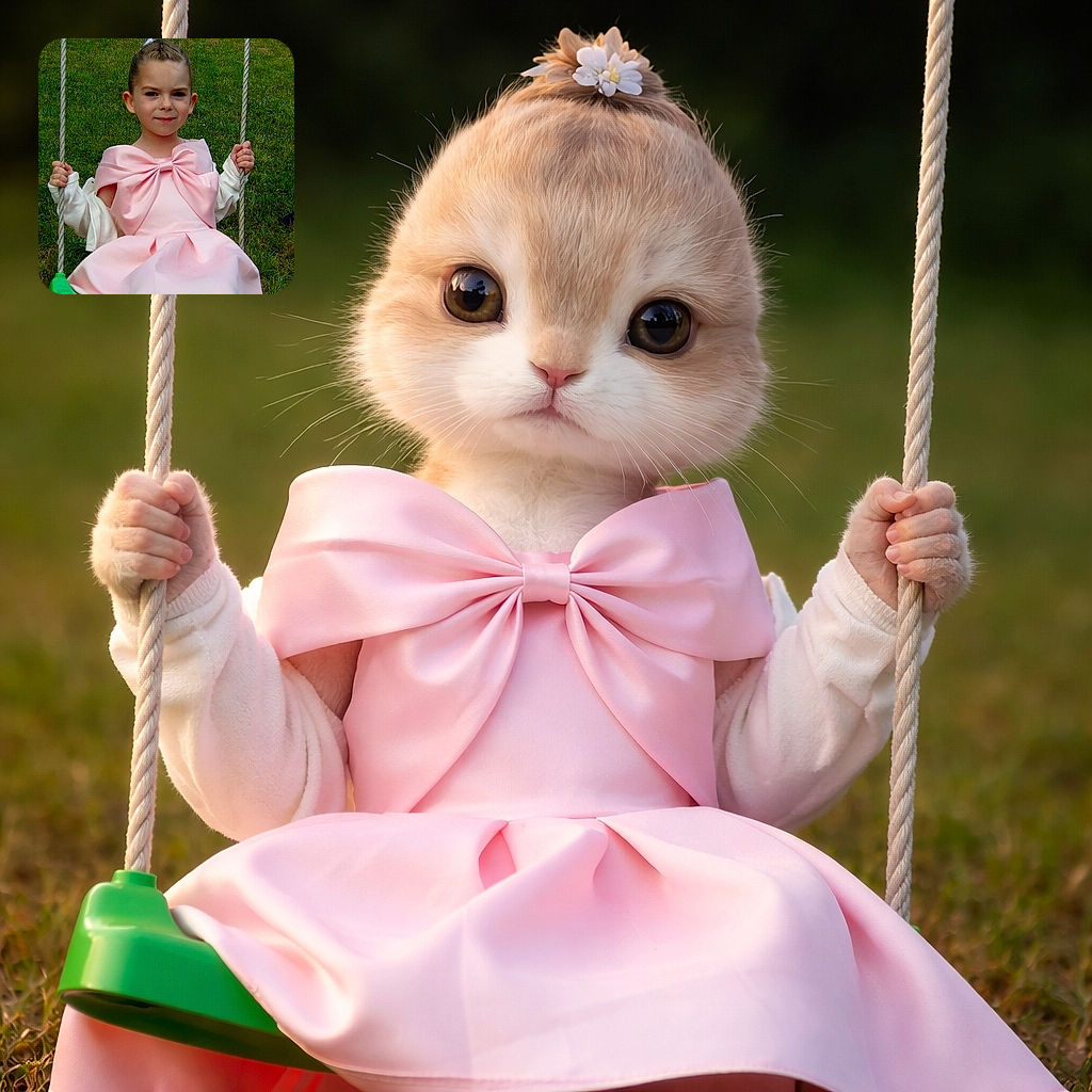A charming young child in a fancy pink dress with a big bow is sitting gracefully on a green swing in a grassy backyard, holding the ropes with a confident smile, as if ready for a royal outdoor adventure.