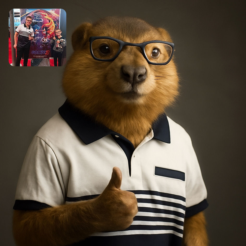 Two smiling boys stand proudly in front of a colorful Sonic 3 movie poster, giving thumbs-up signs. The younger one clutches stuffed toys, while the older one leans slightly, both sporting glasses and casual outfits. The vibrant cinema lobby with red carpet and modern architecture adds to the cheerful atmosphere.