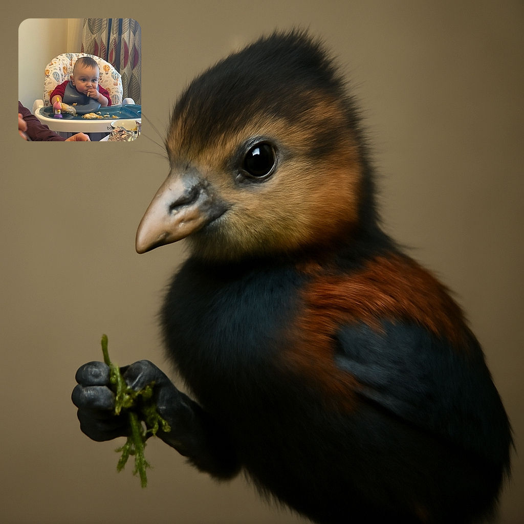 A cute baby with a bib is busy munching food in a high chair, surrounded by a cozy home setting with patterned curtains and a playful toy on the tray, while an adult's hands are cutting food in the foreground.