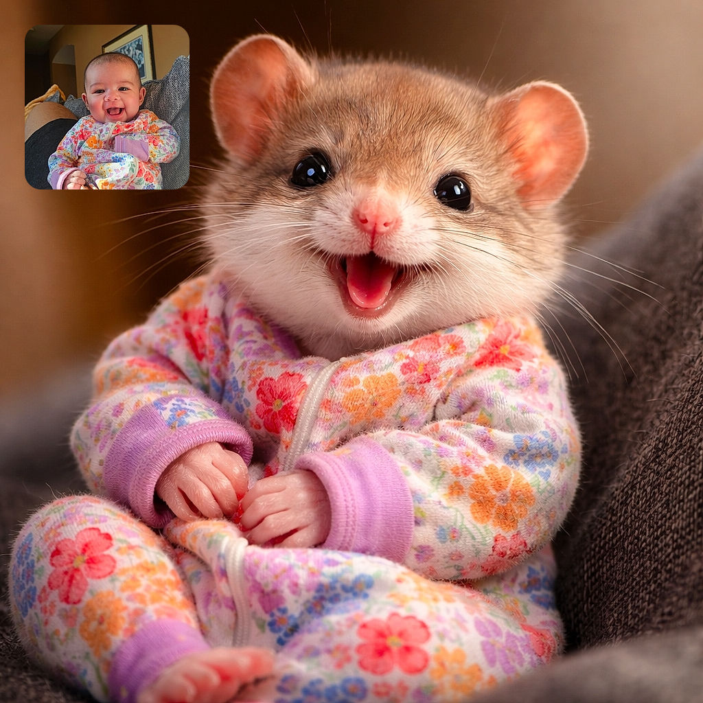 A giggling baby in a riotously floral onesie steals the show—mouth wide in a delighted laugh, marshmallow cheeks on full display, cozy on a couch with a framed picture peeking behind.