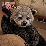 A wide-eyed baby lounges like a tiny emperor in black pajamas, wearing a plush pink animal hat that has clearly been promoted to royal headgear. A patterned blanket and colorful fleece make the background feel like a cozy nursery kingdom.