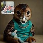 A wide-eyed baby with a pacifier is cozily nestled in a plush 'baby calf' pillow, clutching a soft toy, with a patterned curtain and muted wall art in the background. The natural light highlights the baby's curious expression and soft features.