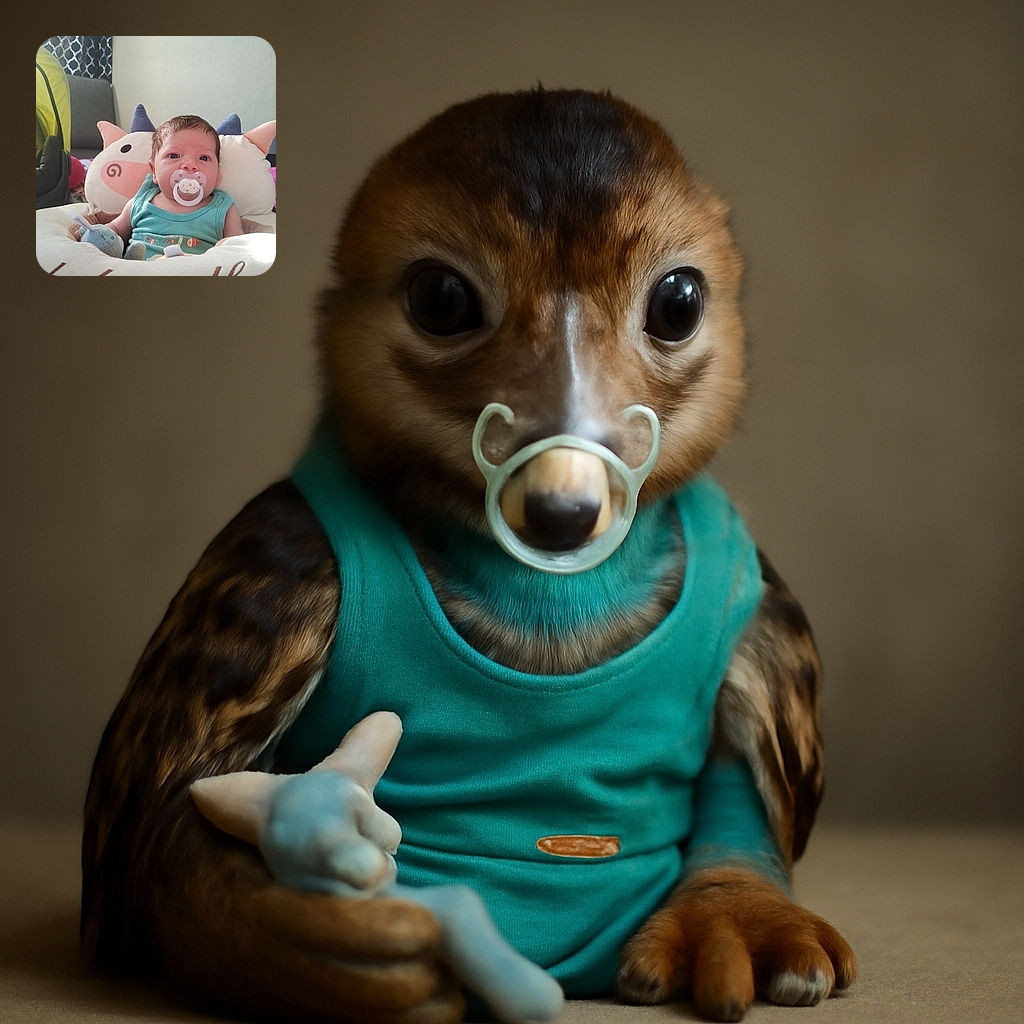 A wide-eyed baby with a pacifier is cozily nestled in a plush 'baby calf' pillow, clutching a soft toy, with a patterned curtain and muted wall art in the background. The natural light highlights the baby's curious expression and soft features.