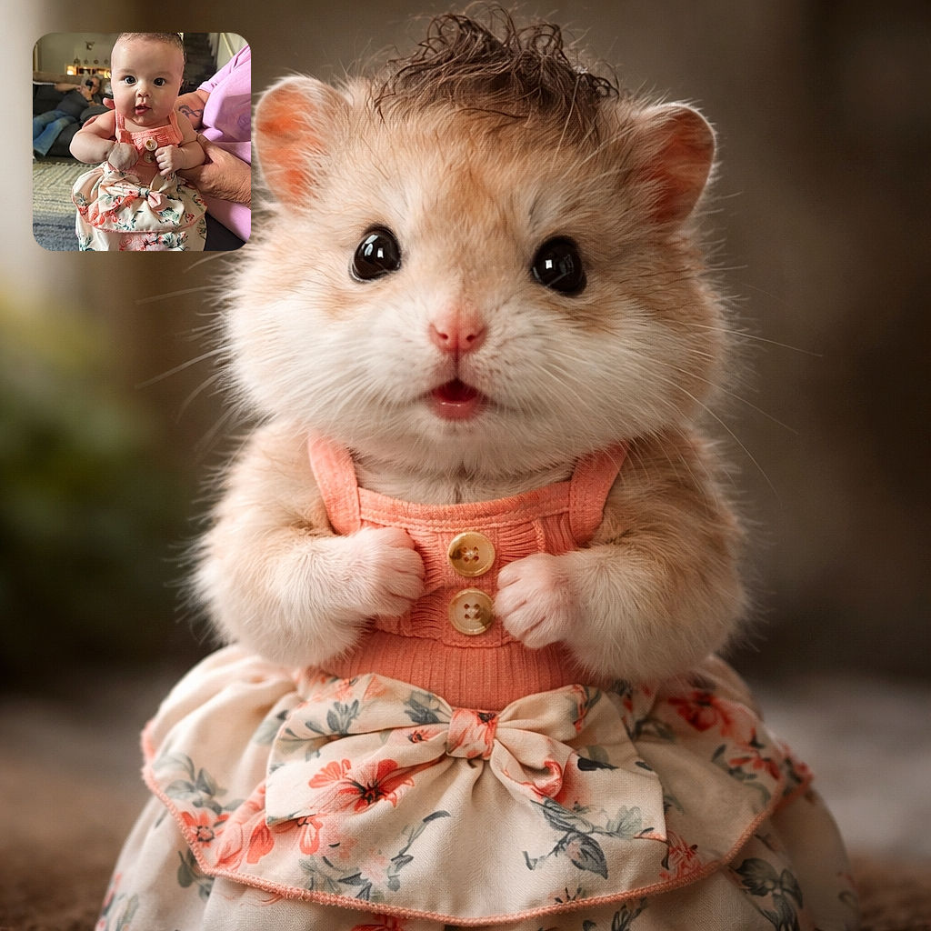 A chubby-cheeked baby in a peach floral dress is held securely by an adult wearing a pink shirt, with a cozy living room and a person taking a photo in the blurred background. The baby's wide eyes and slightly open mouth make for an adorable and engaging portrait.