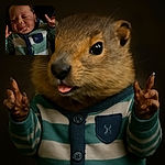 A chubby-cheeked baby in a striped onesie with a tiny dinosaur on the pocket sticks out their tongue playfully while making a hand gesture, set against a dark, cozy background.
