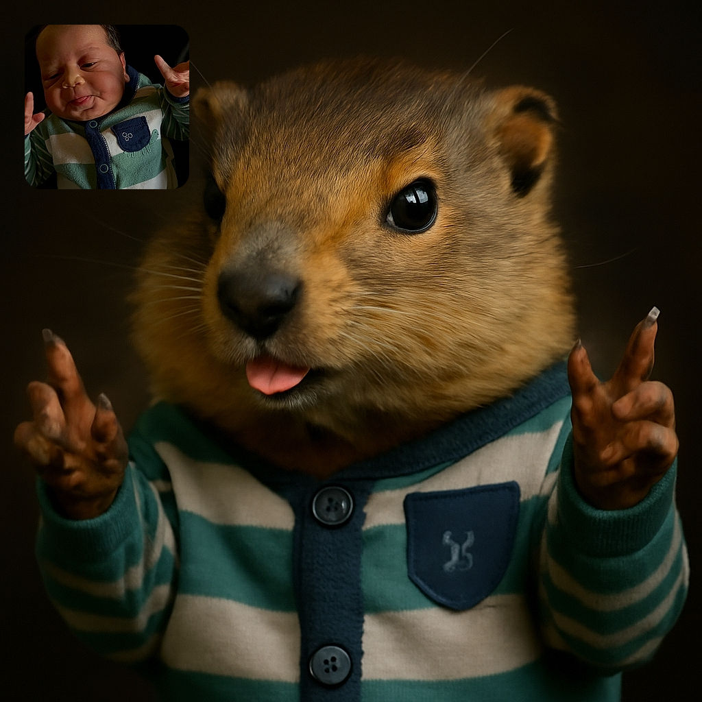 A chubby-cheeked baby in a striped onesie with a tiny dinosaur on the pocket sticks out their tongue playfully while making a hand gesture, set against a dark, cozy background.