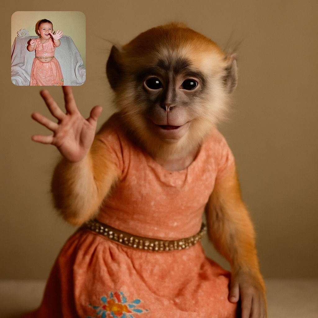 A joyful toddler wearing a sparkling peach dress stands barefoot on a plush white chair, reaching out with a big smile and tiny fingers spread wide as if waving to an invisible friend.