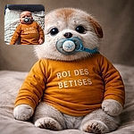 A chubby baby lying on a bed with a pacifier in their mouth, wearing a brown shirt with playful text and light grey pants, looking a bit serious while one arm is slightly blurred from movement.