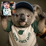 A wide-eyed baby wearing a cap and a 'Good Vibes Only' shirt is being held up enthusiastically, with a bit of drool adding to the charm. The background shows a cozy room with books and decorations, capturing a candid moment of joy and curiosity.