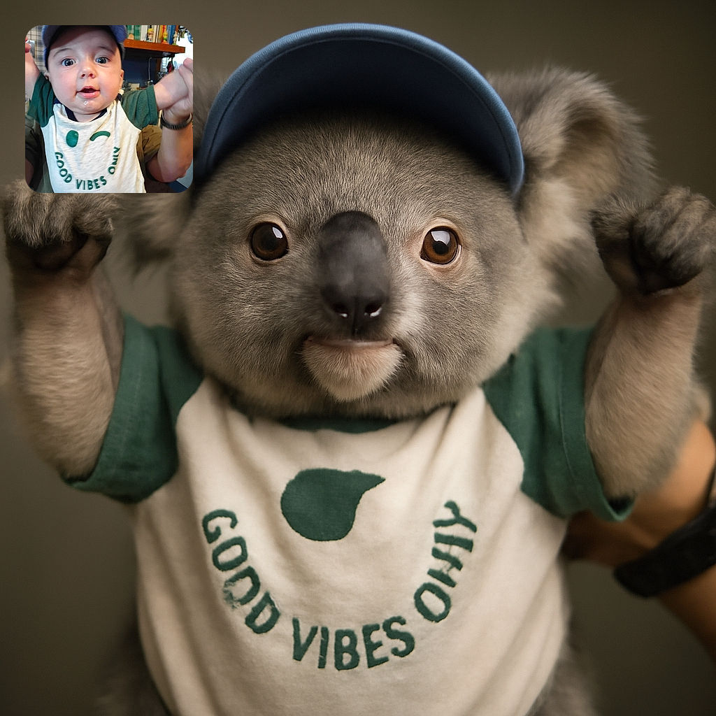 A wide-eyed baby wearing a cap and a 'Good Vibes Only' shirt is being held up enthusiastically, with a bit of drool adding to the charm. The background shows a cozy room with books and decorations, capturing a candid moment of joy and curiosity.