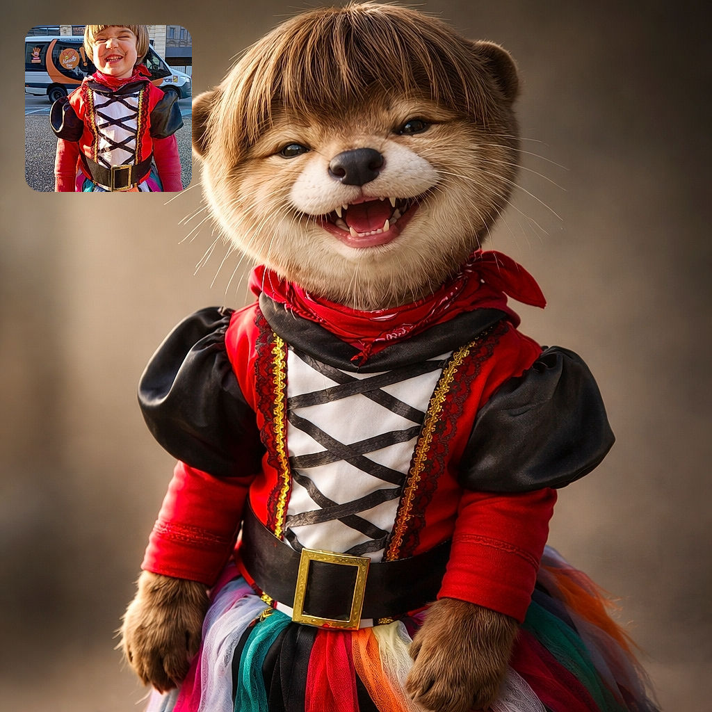 A grinning kid in a colorful pirate-princess costume squints into the sun with a gap-toothed smile, dramatic bangs, and a belt that demands attention while a transit van casually photobombs the street behind them.