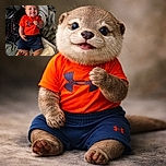 A chubby-cheeked baby in a bright orange shirt and navy shorts smiles gleefully while lying on a cozy bed surrounded by soft blankets, with a gentle hand holding their tiny legs.
