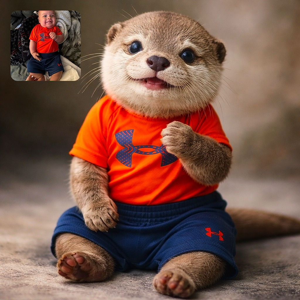A chubby-cheeked baby in a bright orange shirt and navy shorts smiles gleefully while lying on a cozy bed surrounded by soft blankets, with a gentle hand holding their tiny legs.