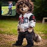 A curly-haired toddler stands confidently in a sunny backyard, rocking a cool Tom and Jerry jacket and dark jeans, with a cheeky smile that says they own the playground.