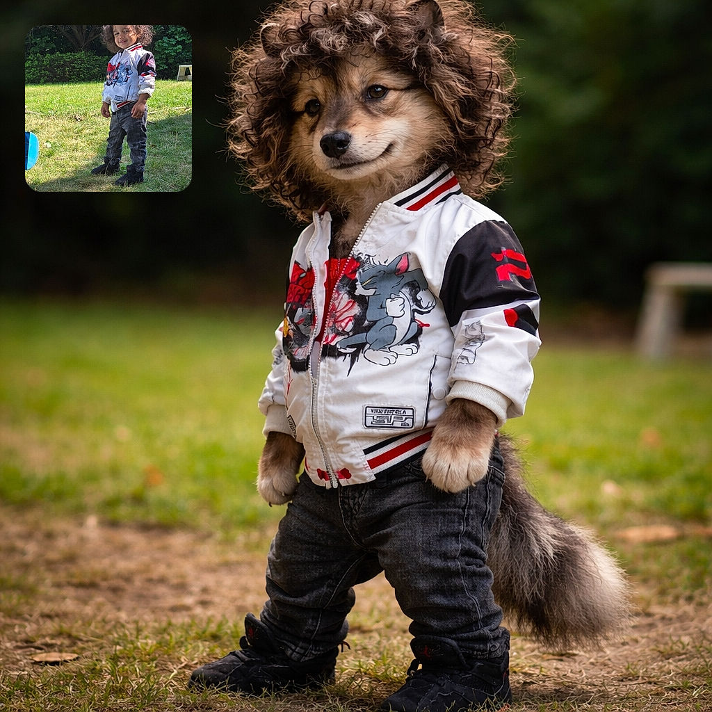 A curly-haired toddler stands confidently in a sunny backyard, rocking a cool Tom and Jerry jacket and dark jeans, with a cheeky smile that says they own the playground.