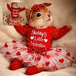 A charming baby dressed in a festive red outfit with a tutu covered in red hearts lies on a soft beige blanket, looking curiously to the side with a matching red bow headband, perfectly embodying a 'Daddy's Little Valentine' vibe.