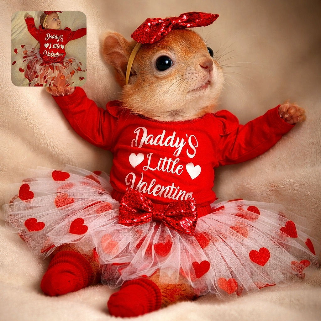 A charming baby dressed in a festive red outfit with a tutu covered in red hearts lies on a soft beige blanket, looking curiously to the side with a matching red bow headband, perfectly embodying a 'Daddy's Little Valentine' vibe.