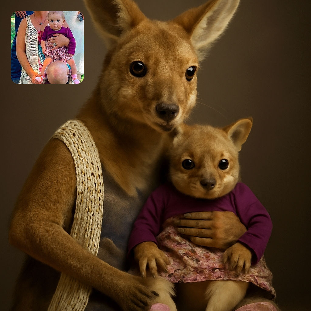 A smiling woman kneels on the grass holding a wide-eyed baby dressed in a purple top and floral skirt, with the baby perched on her knee. The scene is outdoors with other people partially visible in the background, and the woman wears a white knitted vest and patterned dress.