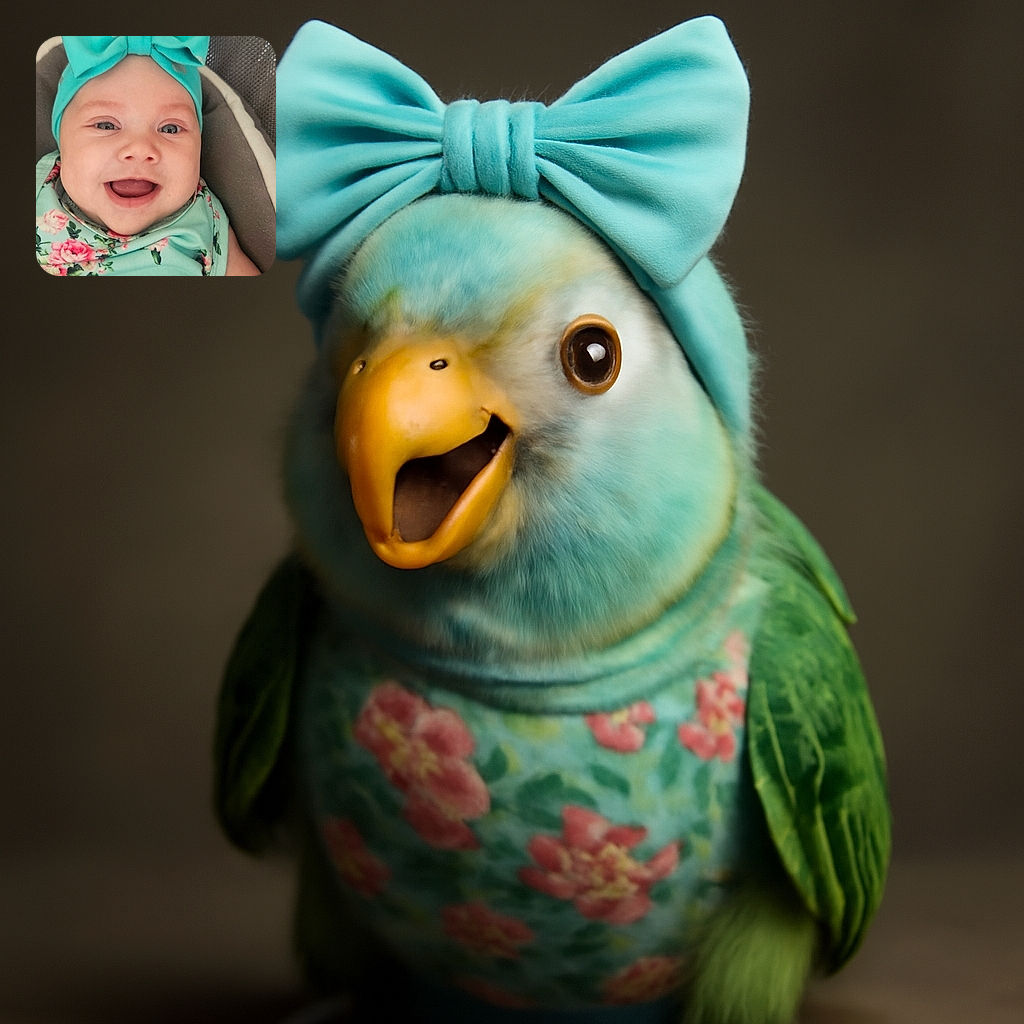 A cheerful baby wearing a turquoise headband with a big bow and a matching floral outfit smiles widely while nestled comfortably in a cushioned seat with a mesh and fabric background.
