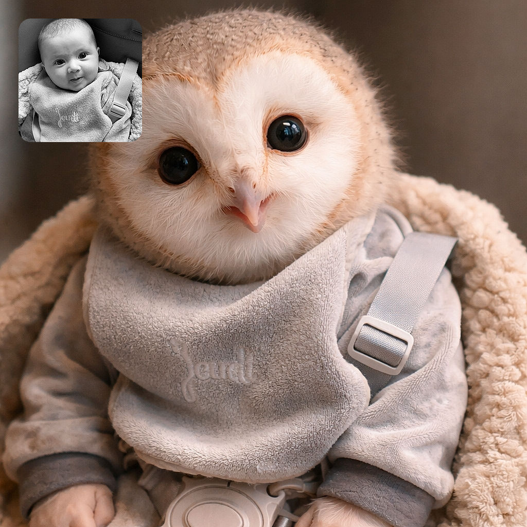 A cherubic baby stares into the camera like a tiny philosopher, wrapped in a bib and snug in a car seat — equal parts snack-time negotiator and cuddle CEO.