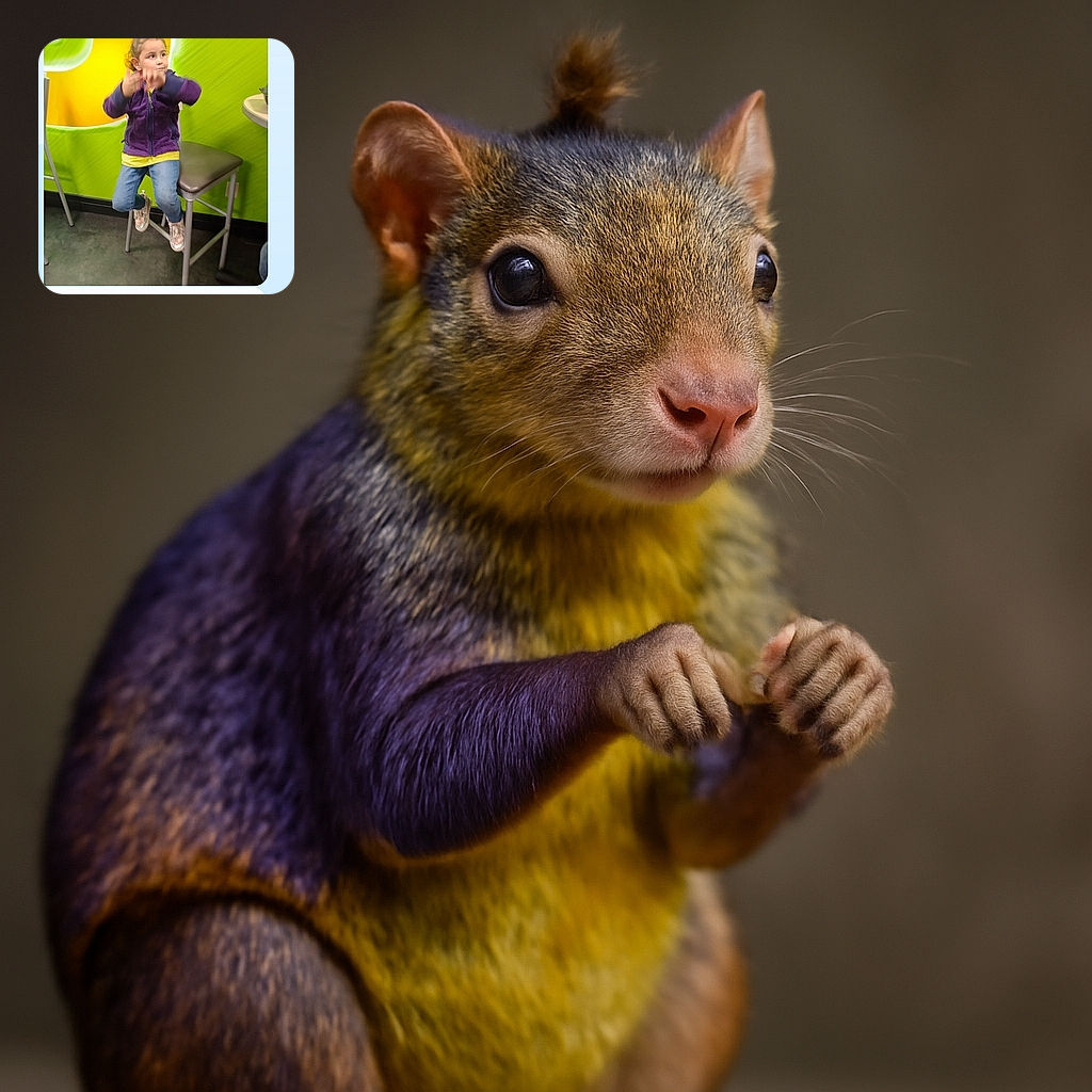 A young child wearing a purple jacket and jeans sits on a high chair against a vibrant green and yellow wall, caught mid-motion with a curious expression and playful hand gestures.
