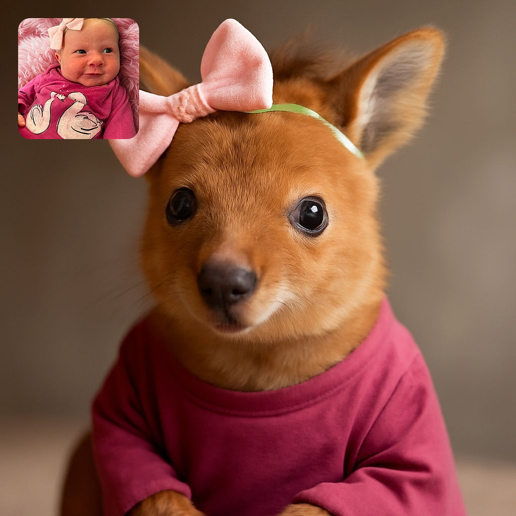 A charming baby with a pink bow headband and a matching pink outfit featuring swan illustrations lounges on a fluffy pink blanket, giving a curious sideways glance that could melt any heart.