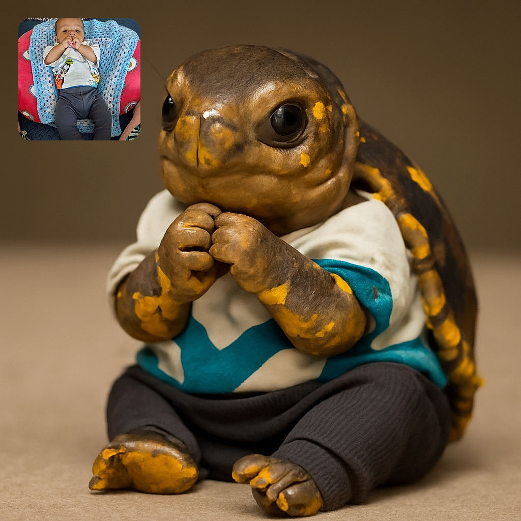 A cute baby lying on a blue crocheted blanket placed on a pink cushion, wearing a cartoon character t-shirt and dark pants, hands near mouth, looking curiously at the camera with a colorful playmat in the background.