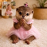 A charming baby girl in a pink dress sits on a fluffy white carpet, hands clasped near her mouth, with a tiny pink hair accessory. Behind her, a cozy setting with plants, a basket, and a letter board that reads 'SIX MONTHS KAYLEE' adds to the warm, homey vibe.