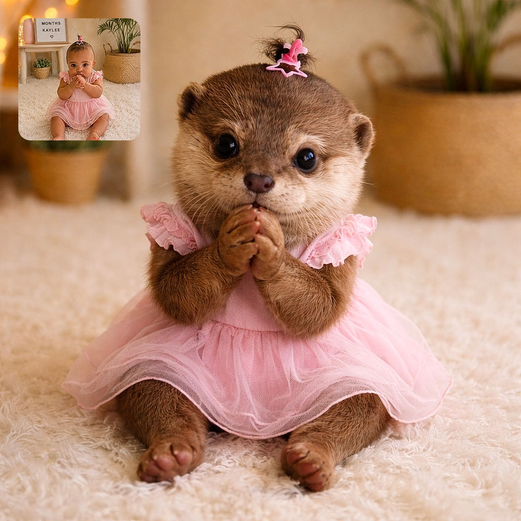 A charming baby girl in a pink dress sits on a fluffy white carpet, hands clasped near her mouth, with a tiny pink hair accessory. Behind her, a cozy setting with plants, a basket, and a letter board that reads 'SIX MONTHS KAYLEE' adds to the warm, homey vibe.