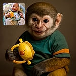 A cheerful baby is comfortably seated in a cushioned baby chair, holding a bright yellow lion-shaped toy with a big smile and sparkling eyes, surrounded by soft pastel colors and a cozy home setting.