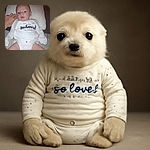A chubby-cheeked baby lies on a pillow wearing a white onesie that says 'tiny and new so loved by everyone,' with a gentle hand touching the baby's ear, creating a cozy and tender moment in a softly lit room.