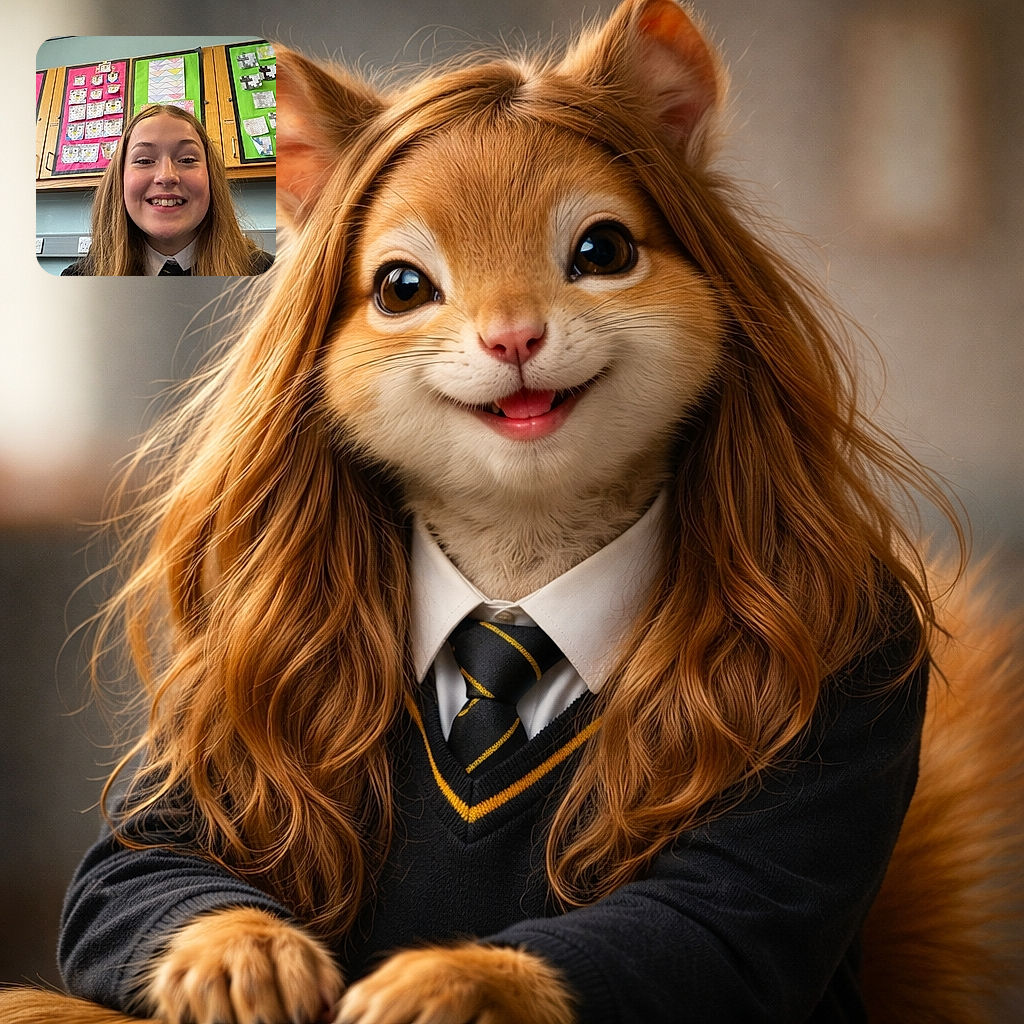 A beaming schoolkid selfie in front of a riot of classroom artwork — grin wide enough to steal the show, hair a little windblown, and colorful projects proudly taped to the cabinets like tiny masterpieces.