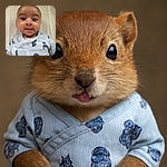 A close-up of a curious baby sticking out their tongue, wearing a cute blue onesie with playful cartoon characters, captured with soft lighting and a cozy background.
