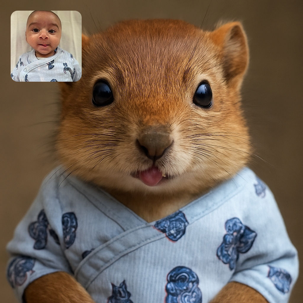 A close-up of a curious baby sticking out their tongue, wearing a cute blue onesie with playful cartoon characters, captured with soft lighting and a cozy background.