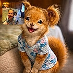A cheerful young girl with pigtails beams brightly in a cozy, warmly lit bedroom with wood-paneled walls and a neatly made bed. She wears a playful dress covered in cartoon characters and seems to be caught mid-laugh, radiating pure joy and innocence.