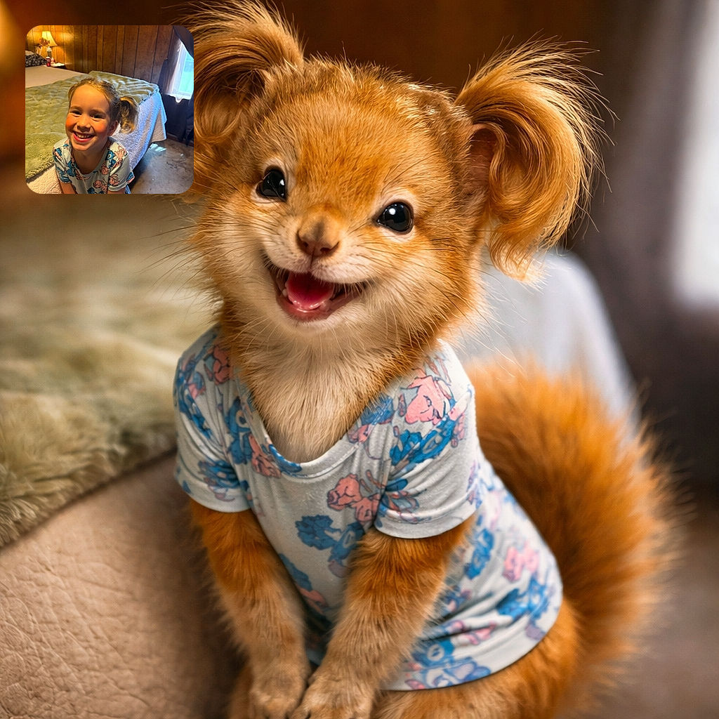 A cheerful young girl with pigtails beams brightly in a cozy, warmly lit bedroom with wood-paneled walls and a neatly made bed. She wears a playful dress covered in cartoon characters and seems to be caught mid-laugh, radiating pure joy and innocence.