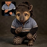 A serious-looking little fashion boss stares into the camera while kneeling against a dramatic black background, dressed in a striped sweater, jeans, sneakers, and a very determined expression—as if negotiating snack prices.